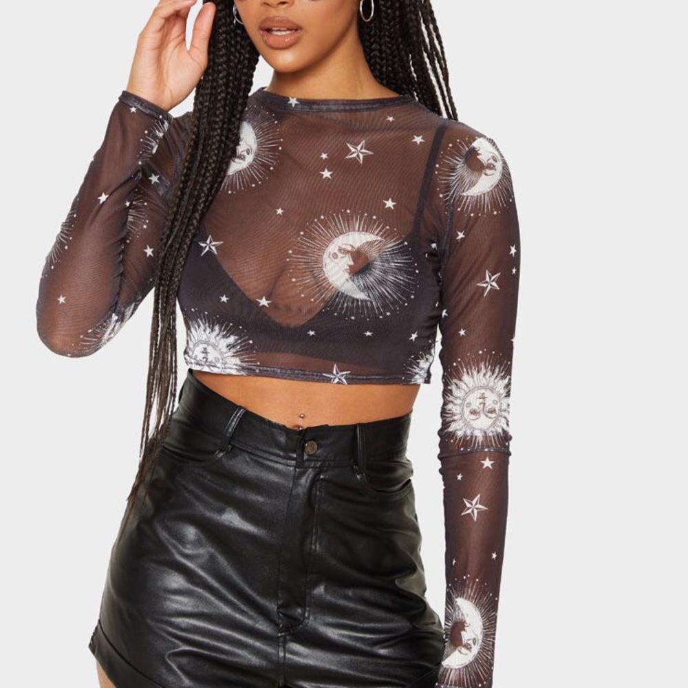 Black Sun Printed Mesh Crop Top ☀️🌙